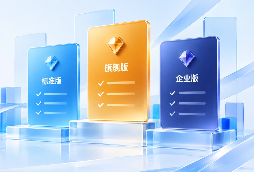 标准版、旗舰版和企业版的蓝色、橙金色及深蓝色版本卡片